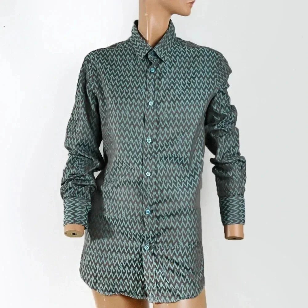 Vintage Versus by Versace ZigZag Green Blue Pattern Button Down Long Sleeve Top